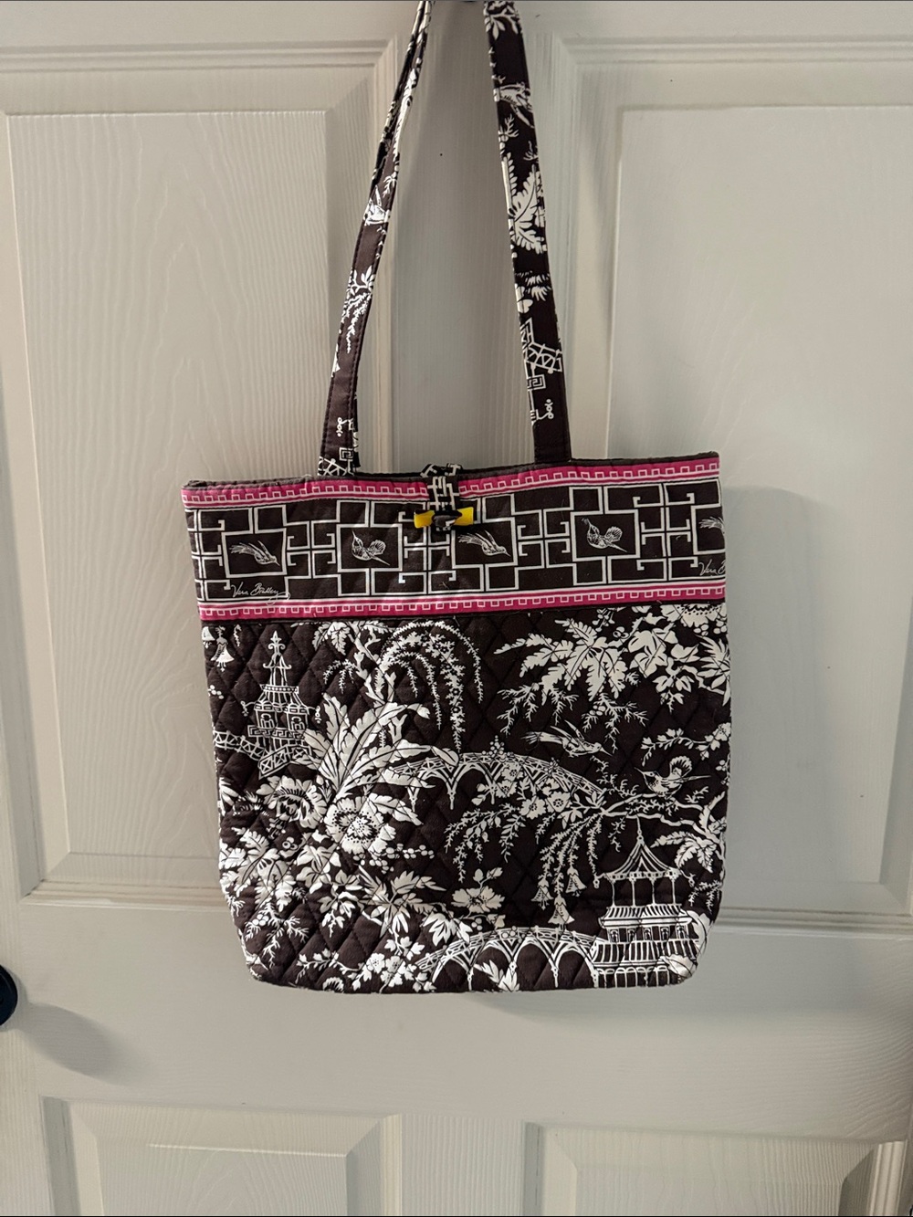 Quilted Floral Tote Bag in Brown and White with Pink Trim